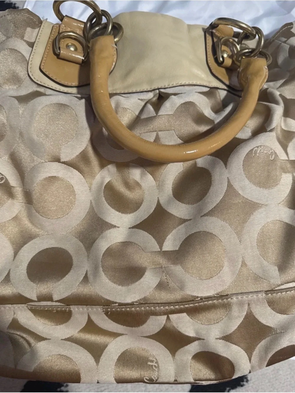 Coach Signature Circle Jacquard Tote in Beige and Tan Leather